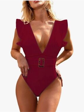 Deep V Ruffled One-Piece Swimsuit with Belt - Burgundy